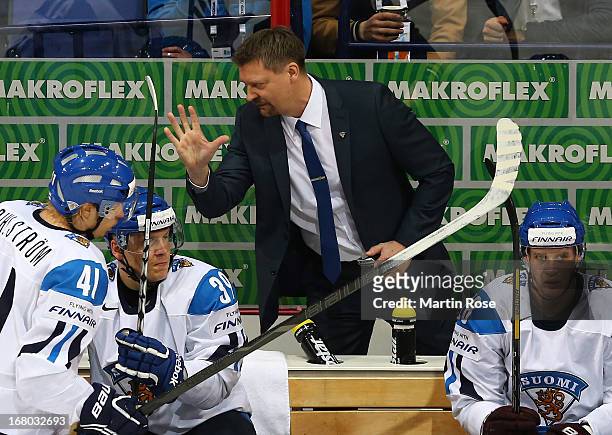 Jukka Jalonen, head coach of Finland gestures during the IIHF World Championship group H match between Finland and Slovakia at Hartwall Areena on May...