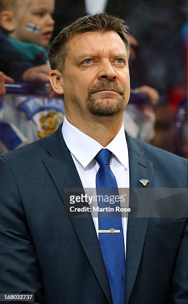 Jukka Jalonen, head coach of Finland looks on during the IIHF World Championship group H match between Finland and Slovakia at Hartwall Areena on May...