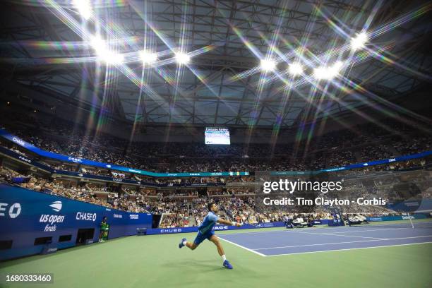 September 10: A general view as Novak Djokovic of Serbia stretches to reach a serve from Daniil Medvedev of Russia in the Men's Singles Final on a...