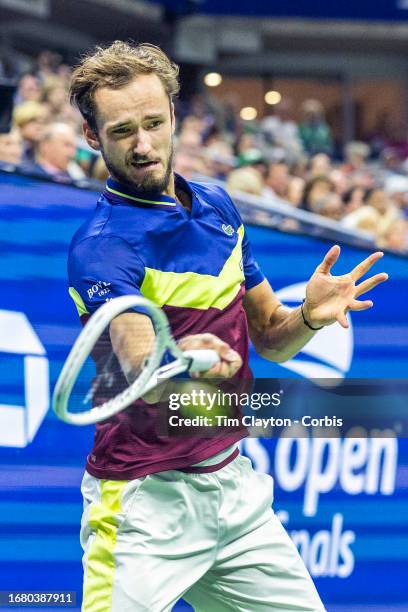 September 10: Daniil Medvedev of Russia in action against Novak Djokovic of Serbia in the Men's Singles Final on a packed Arthur Ashe Stadium with...