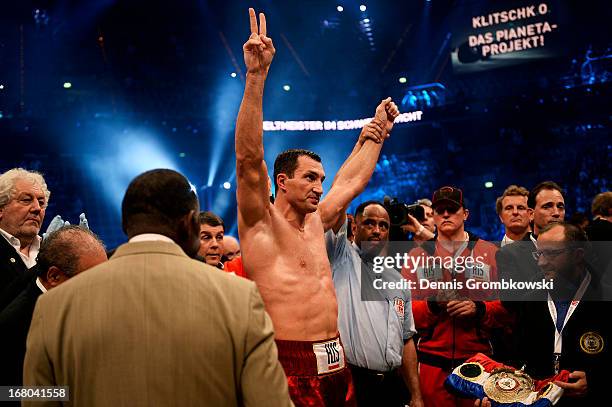 Wladimir Klitschko of Ukraine celebrates defeating Francesco Pianeta of Italy and retaining his IBF, IBO, WBA, WBO titles after their World...