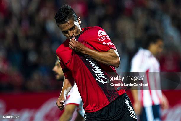 Duvier Riascos of Tijuana celebrates a goal during a match between Xolos and Chivas as part of the Torneo Clausura 2013 Liga MX at Caliente Stadium...