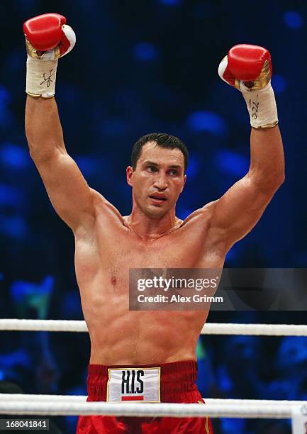 Wladimir Klitschko of Ukraine celebrates defeating Francesco Pianeta of Italy and retaining his IBF, IBO, WBA, WBO titles after their World...