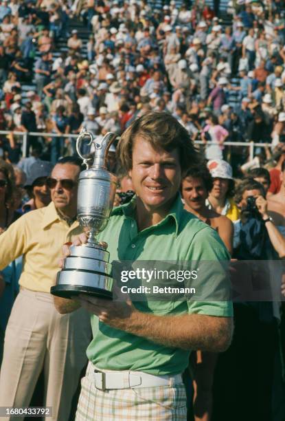 American golfer Tom Watson holds the trophy after winning the British Open Golf Championship in Turnberry, Scotland, July 9th 1977.