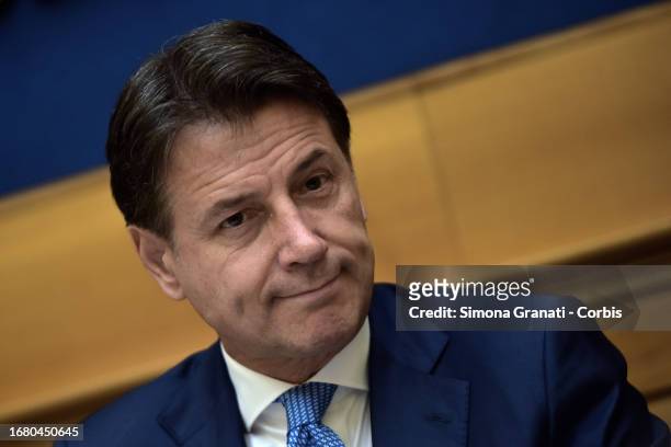 Former Prime Minister and leader of the 5 Star Movement Giuseppe Conte presents the school proposals to journalists in the press room of the Chamber...