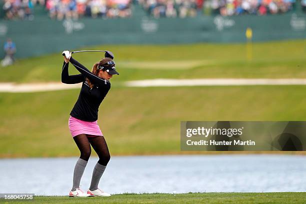 Sandra Gal of Germany hits her tee shot on the 18th hole during the third round of the Kingsmill Championship at Kingsmill Resort on May 4, 2013 in...