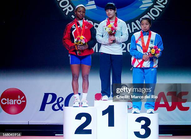 Viviana Munoz of Domincan Republic A , Chunying Guan of China A and Mirabai Chanu Saikhom of India A pose stand in the podium in the Women's 48kg...