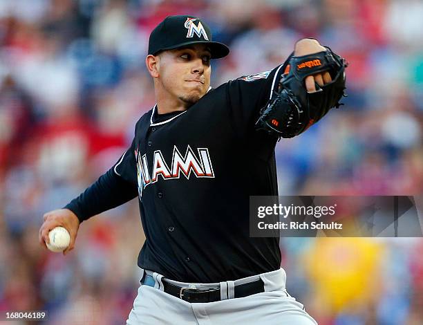 Pitcher Jose Fernandez of the Miami Marlins delivers a pitch against the Philadelphia Phillies in a MLB baseball game on May 4, 2013 at Citizens Bank...