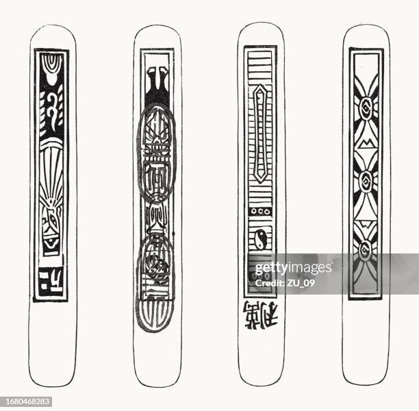 old japanese playing cards, wood engraving, published in 1900 - memory game card stock illustrations