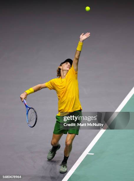 Max Purcell of Team Australia serves during the Davis Cup Finals Group Stage match between France and Australia at AO Arena on September 14, 2023 in...