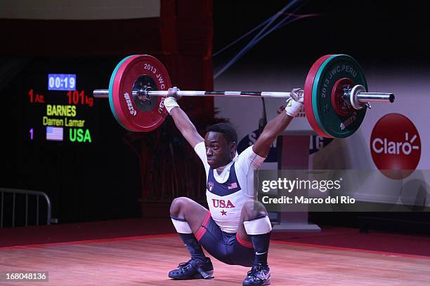 Darren Lamar Barnes of US A competes in the Men's 56kg during day one of the 2013 Junior Weightlifting World Championship at Maria Angola Convention...