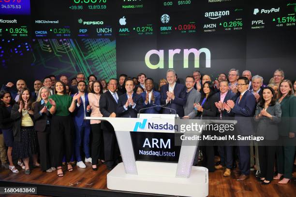 Arm Holdings CEO Rene Haas poses for a photo with members of leadership before the Nasdaq opening bell at the Nasdaq MarketSite on September 14, 2023...