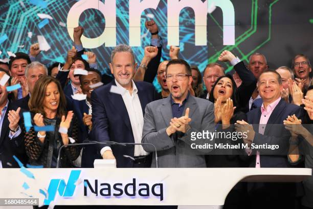 Arm Holdings CEO Rene Haas rings the Nasdaq opening bell at the Nasdaq MarketSite on September 14, 2023 in New York City. Arm, the chip design firm...