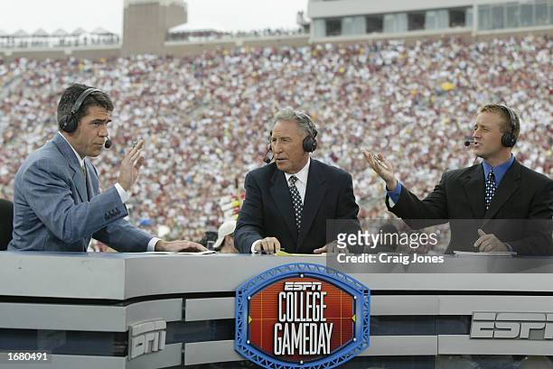 College GameDay announcers Chris Fowler, Lee Corso and Kirk Herbstreit comment during the NCAA football game between Notre Dame and Florida State at...