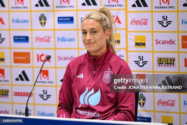 Alexia Putellas of Spain's women's national football team attends a press conference in Gothenburg, Sweden, on September 21 on the eve of their UEFA...