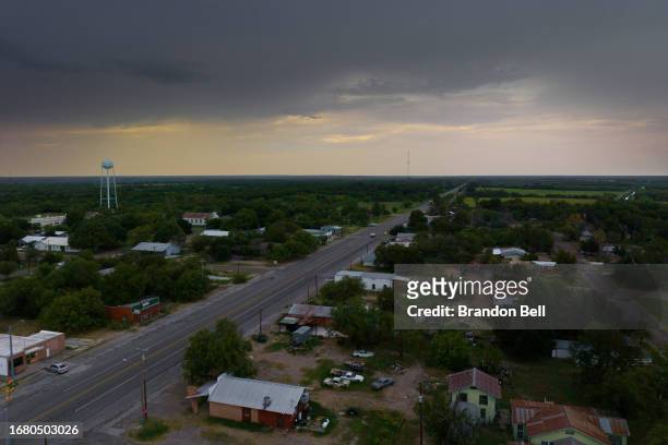 In an aerial view, the skyline is seen on September 13, 2023 in Quemado, Texas. Agriculture and livelihood in the small town of Quemado and along the...