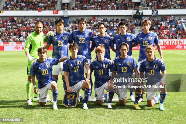 Players of Japan pose for a team photo before an international friendly game between the national teams of Japan and Turkey on September 12, 2023 in...