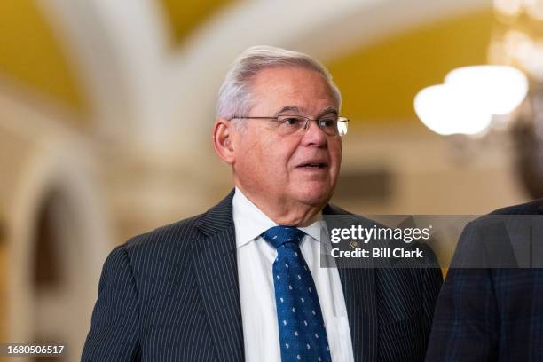 Sen. Bob Menendez, D-N.J., arrives for President of Ukraine Volodymyr Zelenskyy's meeting with U.S. Senators in the Capitol on Thursday, September...