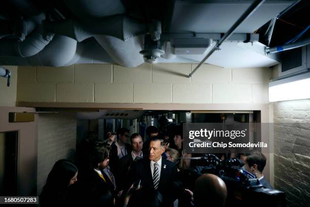 Rep. Darrell Issa talks to reporters following a Republican caucus meeting in the basement of the U.S. Capitol on September 14, 2023 in Washington,...