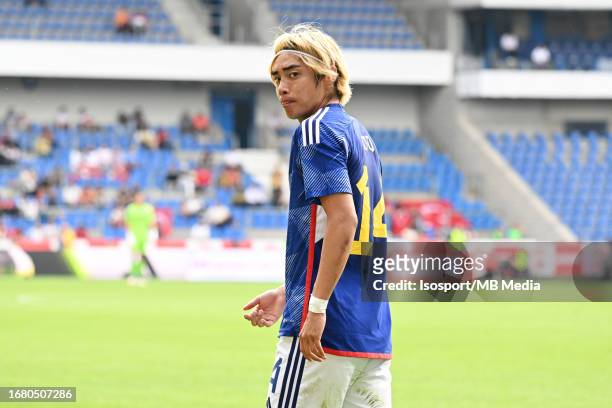 Junya Ito of Japan looks on during an international friendly game between the national teams of Japan and Turkey on September 12, 2023 in Genk,...