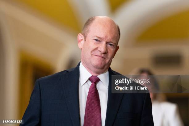 Sen. Chris Coons, D-Del., arrives for President of Ukraine Volodymyr Zelenskyy's meeting with U.S. Senators in the Capitol on Thursday, September 21,...