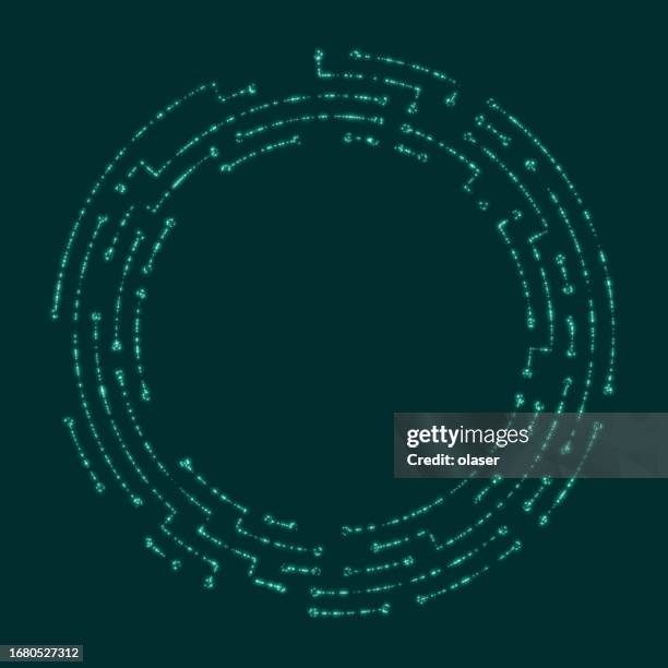 a vibrant green glowing circular circuit board featuring illuminated data bits. - semiconductors stock illustrations