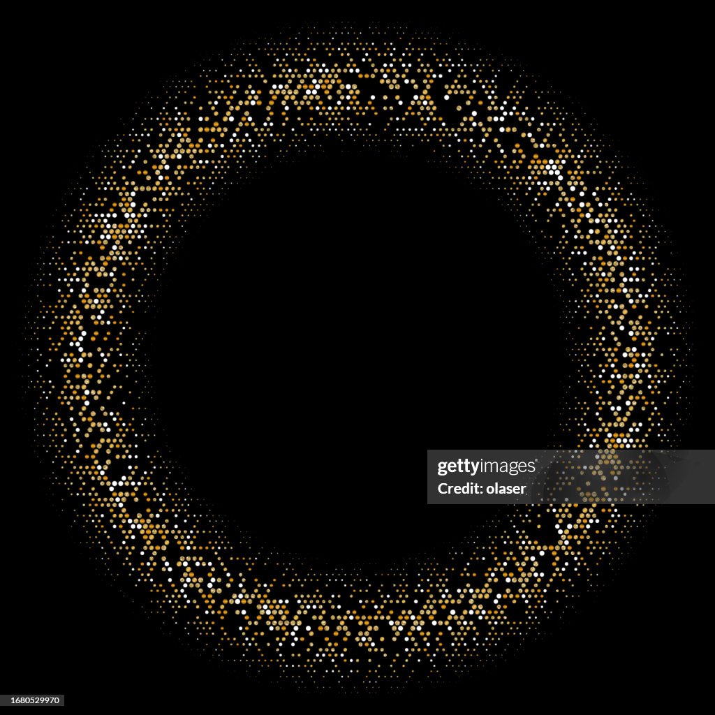 A radiant circular frame composed of tiny metallic dots.