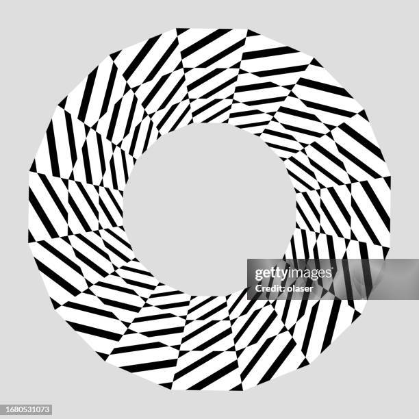 concentric circle design formed by 48 diagonally striped rectangles, arranged in 16 sets of three. - three concentric circles stock illustrations