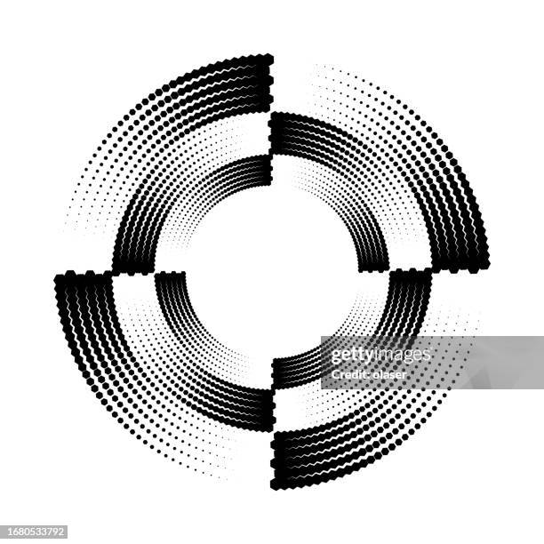 three orbits of quarter-circle sections formed by fading hexagonal shapes. - three concentric circles stock illustrations