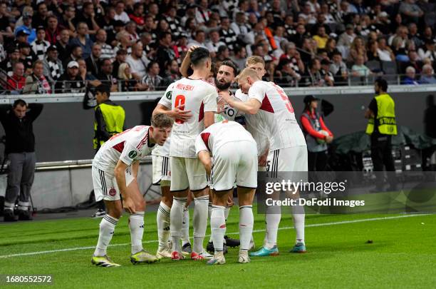 Dante Polvara of FC Aberdeen celebrates the teams first goal during the UEFA Europa Conference League 2023/24 Group G match between Eintracht...