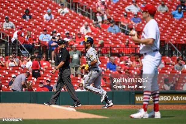 Blake Perkins of the Milwaukee Brewers rounds the bases after hitting a solo home run off of Miles Mikolas of the St. Louis Cardinals in the third...