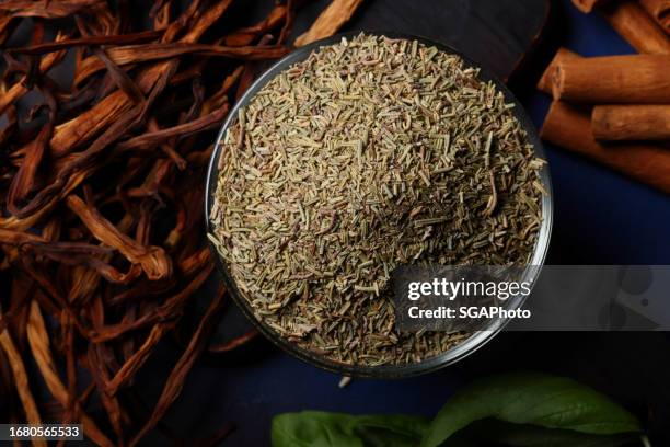 rosemary ground culinary with seaweed and cinnamon - terminalia arjuna stock pictures, royalty-free photos & images