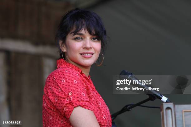 Singer/musician Norah Jones performs during the 2013 New Orleans Jazz & Heritage Music Festival at Fair Grounds Race Course on May 4, 2013 in New...