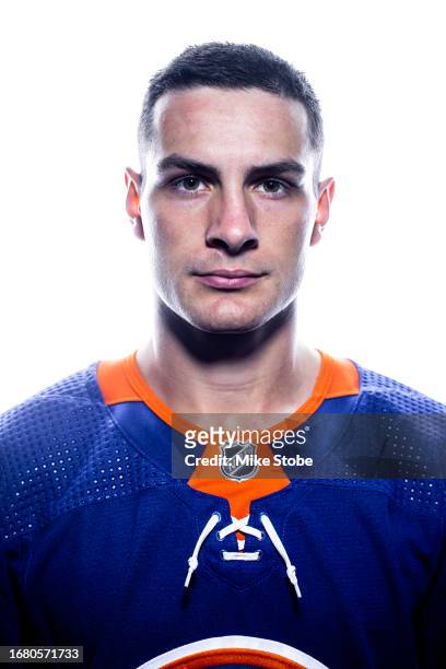 Mathew Barzal of the New York Islanders poses poses for a photo at Northwell Health Ice Center at Eisenhower Park on September 20, 2023 in East...