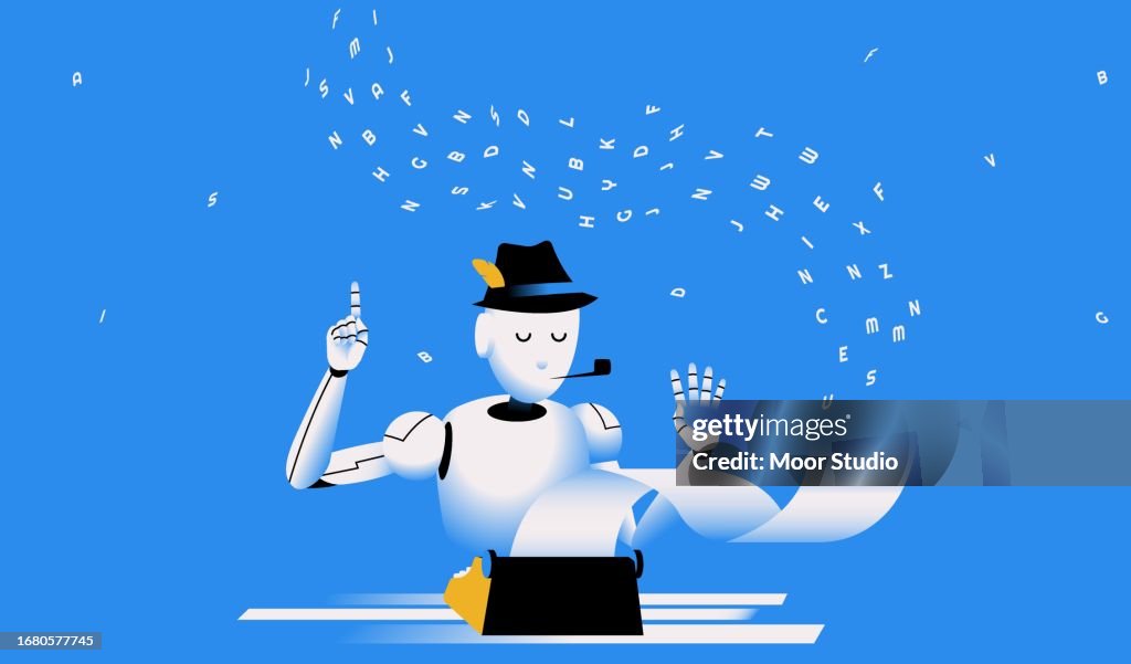Robot escribiendo en una ilustración vectorial de máquina de escribir