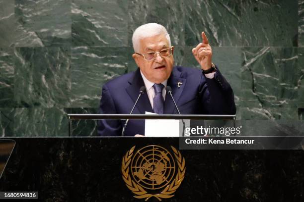 President of the State of Palestine Mahmoud Abbas speaks during the United Nations General Assembly at United Nations headquarters on September 21,...