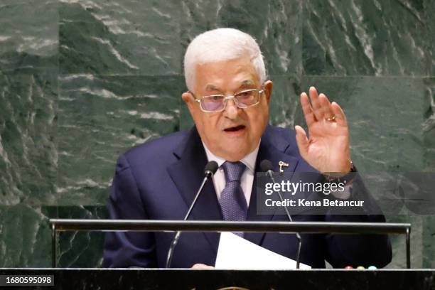 President of the State of Palestine Mahmoud Abbas speaks during the United Nations General Assembly at United Nations headquarters on September 21,...