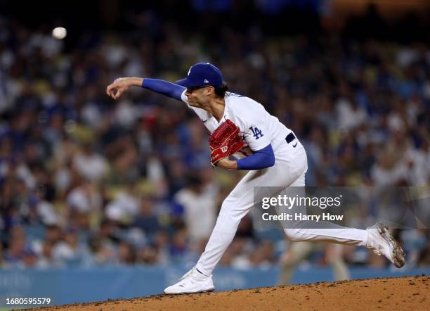 Joe Kelly of the Los Angeles Dodgers pitches in relief during a 6-1 loss to the San Diego Padres at Dodger Stadium on September 13, 2023 in Los...