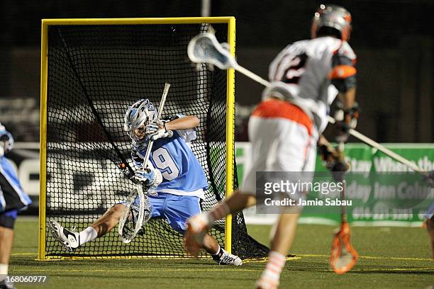 Stefan Schroder of the Ohio Machine is unable to stop a shot as Justin Turri of the Denver Outlaws scores in the second half on May 4, 2013 at Selby...
