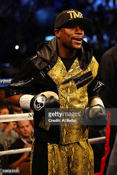 Floyd Mayweather Jr. Stands in the ring before taking on Robert Guerrero in their WBC welterweight title bout at the MGM Grand Garden Arena on May 4,...