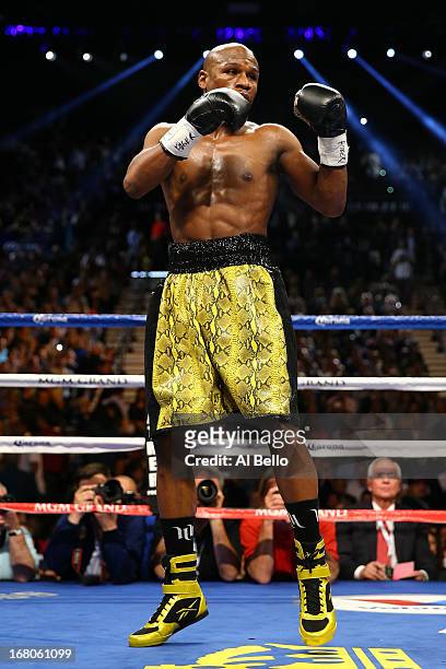 Floyd Mayweather Jr. In the ring before he takes on Robert Guerrero in their WBC welterweight title bout at the MGM Grand Garden Arena on May 4, 2013...