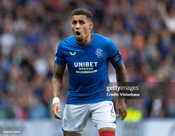 James Tavernier of Glasgow Rangers in action during the UEFA Champions League Qualifying Play-Off, First Leg match between Glasgow Rangers and PSV...