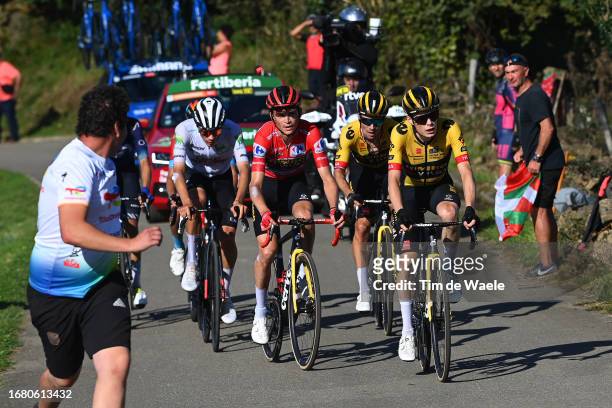 Juan Ayuso of Spain and UAE Team Emirates - White best young jersey, Sepp Kuss of The United States - Red Leader Jersey, Primoz Roglic of Slovenia...