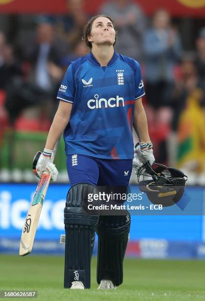 Nat Sciver-Brunt of England celebrates her century during the 3rd Metro Bank ODI between England Women and Sri Lanka Women at Uptonsteel County...