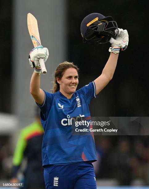 Nat Sciver-Brunt of England celebrates reaching her century during 3rd Metro Bank One Day International between England and Sri Lanka at Uptonsteel...