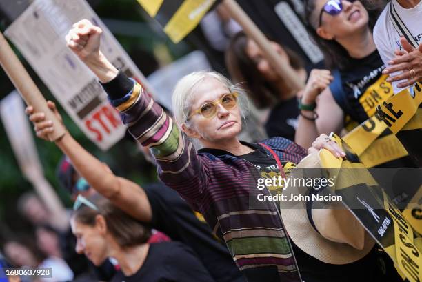 Ellen Barkin joins SAG-AFTRA and WGA members on strike on September 14, 2023 in New York City. Members of SAG-AFTRA and WGA have both walked out in...