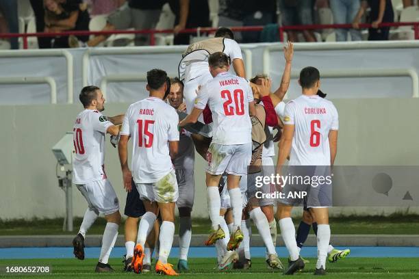 Zrinjski players celebrate the 4-3 during the UEFA Conference League group E match between HSK Zrinjski Mostar and AZ Alkmaar at the Gradski Mostar...