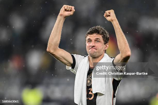 Thomas Mueller of Germany celebrates during the friendly match between Germany and France at Signal Iduna Park on September 12, 2023 in Dortmund,...
