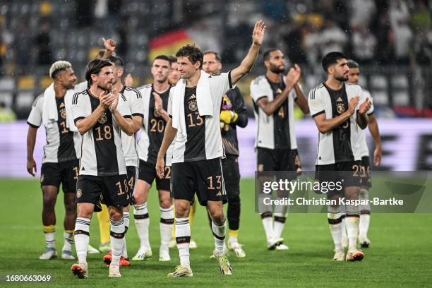 Thomas Mueller of Germany celebrates during the friendly match between Germany and France at Signal Iduna Park on September 12, 2023 in Dortmund,...