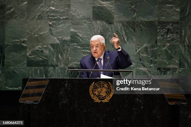 President of the State of Palestine Mahmoud Abbas speaks during the United Nations General Assembly at United Nations headquarters on September 21,...